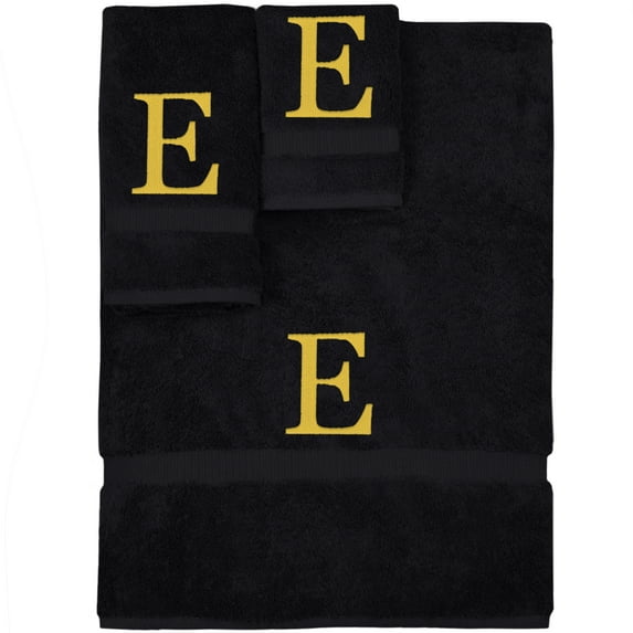 Monogrammed Towel Set, Personalized Gift, Set of 3- Gold Block Letter Embroidered Towel - Extra Absorbent 100% Turkish Cotton - Soft Terry Finish - Initial E Black