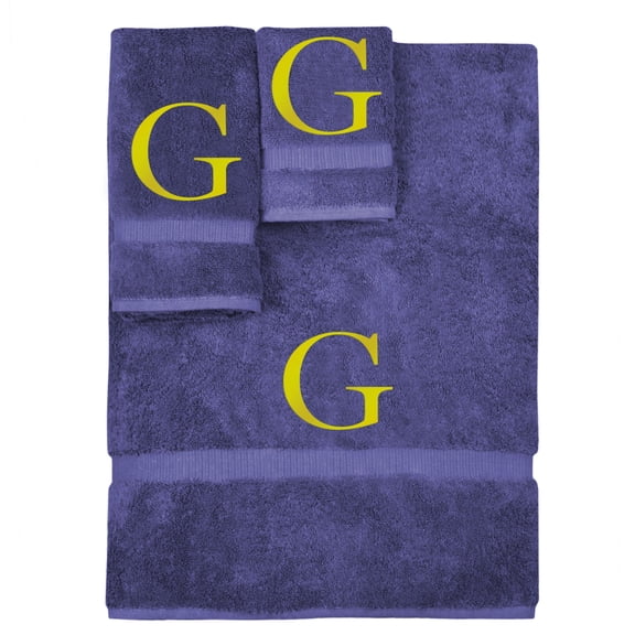Monogrammed Towel Set, Personalized Gift, Set of 3- Gold Block Letter Embroidered Towel - Extra Absorbent 100% Turkish Cotton - Soft Terry Finish - Initial G Navy
