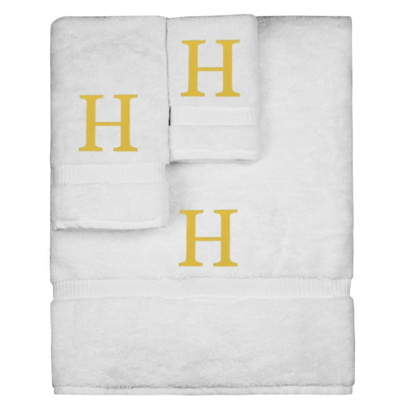 Monogrammed Towel Set, Personalized Gift, Set of 3- Gold Block Letter Embroidered Towel - Extra Absorbent 100% Turkish Cotton - Soft Terry Finish - Initial H White