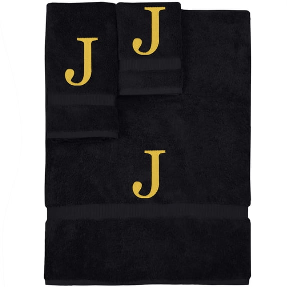 Monogrammed Towel Set, Personalized Gift, Set of 3- Gold Block Letter Embroidered Towel - Extra Absorbent 100% Turkish Cotton - Soft Terry Finish - Initial J Black