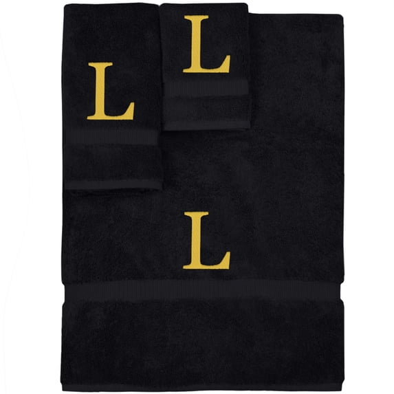Monogrammed Towel Set, Personalized Gift, Set of 3- Gold Block Letter Embroidered Towel - Extra Absorbent 100% Turkish Cotton - Soft Terry Finish - Initial L Black