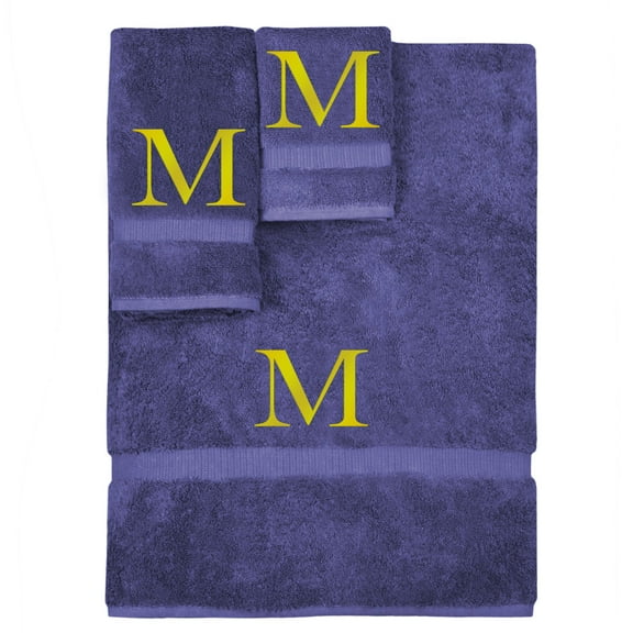 Monogrammed Towel Set, Personalized Gift, Set of 3- Gold Block Letter Embroidered Towel - Extra Absorbent 100% Turkish Cotton - Soft Terry Finish - Initial M Navy