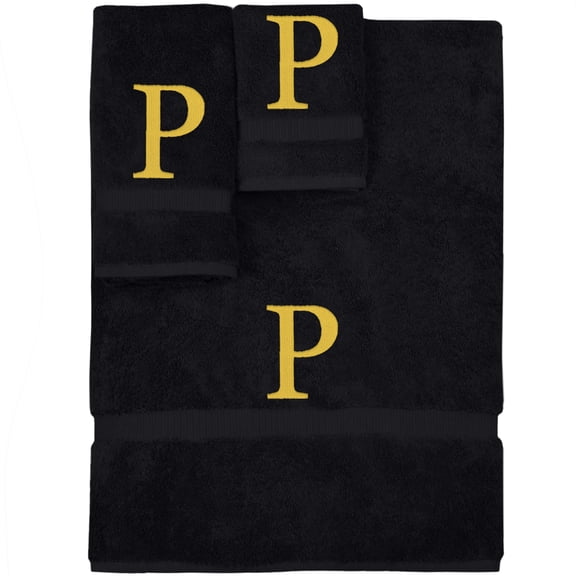 Monogrammed Towel Set, Personalized Gift, Set of 3- Gold Block Letter Embroidered Towel - Extra Absorbent 100% Turkish Cotton - Soft Terry Finish - Initial P Black