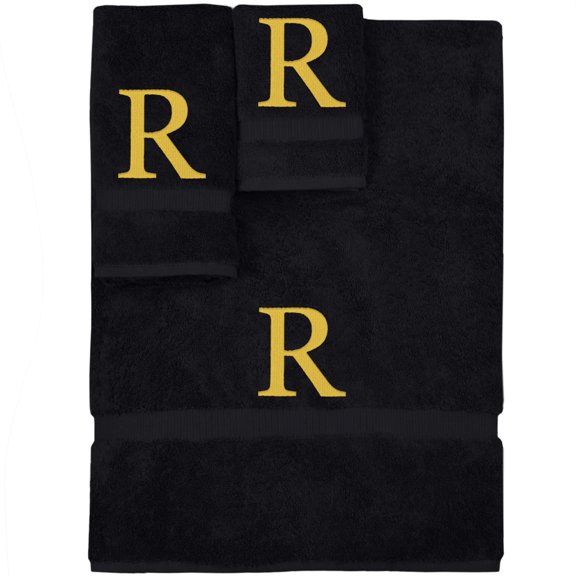 Monogrammed Towel Set, Personalized Gift, Set of 3- Gold Block Letter Embroidered Towel - Extra Absorbent 100% Turkish Cotton - Soft Terry Finish - Initial R Black
