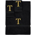 thumbnail image 1 of Monogrammed Towel Set, Personalized Gift, Set of 3- Gold Block Letter Embroidered Towel - Extra Absorbent 100% Turkish Cotton - Soft Terry Finish - Initial T Black, 1 of 1