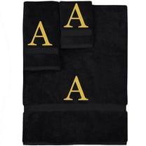 Monogrammed Towel Set, Personalized Gift, Set of 3- Gold Block Letter Embroidered Towel - Extra Absorbent 100% Turkish Cotton - Soft Terry Finish - Initial A Black