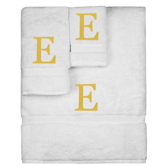Monogrammed Towel Set, Personalized Gift, Set of 3- Gold Block Letter Embroidered Towel - Extra Absorbent 100% Turkish Cotton - Soft Terry Finish - Initial E White