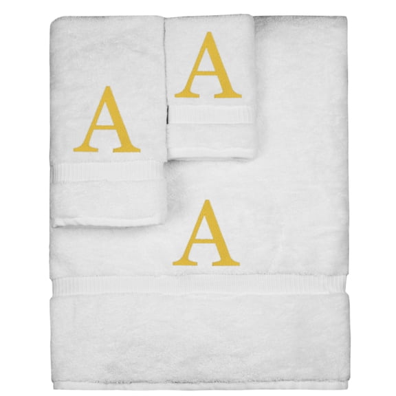 Monogrammed Towel Set, Personalized Gift, Set of 3- Gold Block Letter Embroidered Towel - Extra Absorbent 100% Turkish Cotton - Soft Terry Finish - Initial A White