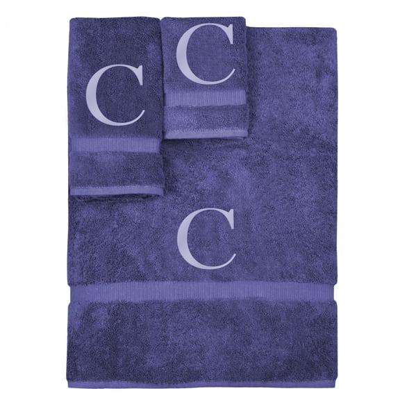 Monogrammed Towel Set, Personalized Gift, Set of 3- Silver Block Letter Embroidered Towel - Extra Absorbent 100% Turkish Cotton - Soft Terry Finish - Initial C Navy