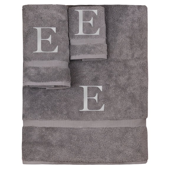 Monogrammed Towel Set, Personalized Gift, Set of 3- Silver Block Letter Embroidered Towel - Extra Absorbent 100% Turkish Cotton - Soft Terry Finish - Initial E Gray