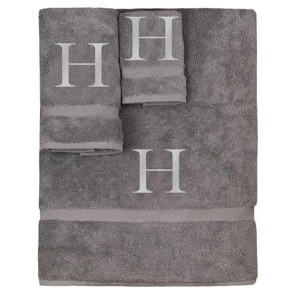 Monogrammed Towel Set, Personalized Gift, Set of 3- Silver Block Letter Embroidered Towel - Extra Absorbent 100% Turkish Cotton - Soft Terry Finish - Initial H Gray