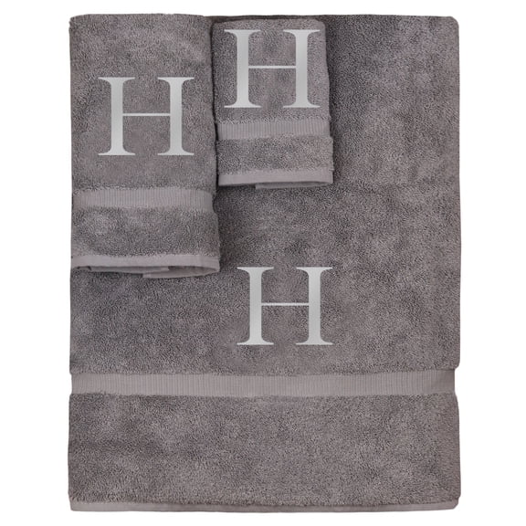 Monogrammed Towel Set, Personalized Gift, Set of 3- Silver Block Letter Embroidered Towel - Extra Absorbent 100% Turkish Cotton - Soft Terry Finish - Initial H Gray