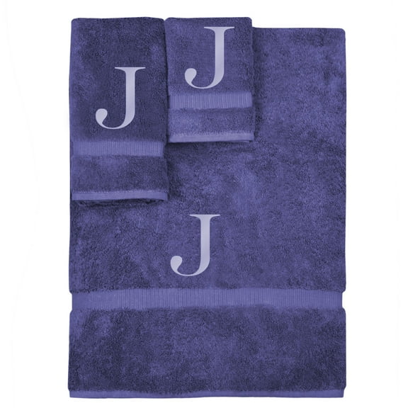 Monogrammed Towel Set, Personalized Gift, Set of 3- Silver Block Letter Embroidered Towel - Extra Absorbent 100% Turkish Cotton - Soft Terry Finish - Initial J Navy