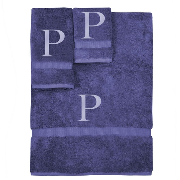 Monogrammed Towel Set, Personalized Gift, Set of 3- Silver Block Letter Embroidered Towel - Extra Absorbent 100% Turkish Cotton - Soft Terry Finish - Initial P Navy