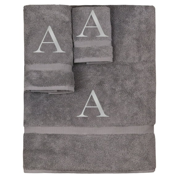 Monogrammed Towel Set, Personalized Gift, Set of 3- Silver Block Letter Embroidered Towel - Extra Absorbent 100% Turkish Cotton - Soft Terry Finish - Initial A Gray