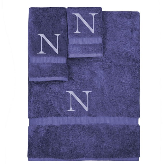 Monogrammed Towel Set, Personalized Gift, Set of 3- Silver Block Letter Embroidered Towel - Extra Absorbent 100% Turkish Cotton - Soft Terry Finish - Initial N Navy