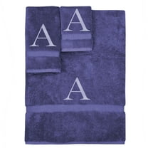 Monogrammed Towel Set, Personalized Gift, Set of 3- Silver Block Letter Embroidered Towel - Extra Absorbent 100% Turkish Cotton - Soft Terry Finish - Initial A Navy