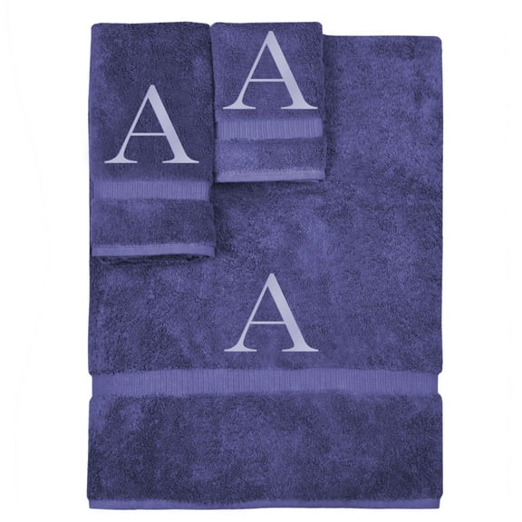 Monogrammed Towel Set, Personalized Gift, Set of 3- Silver Block Letter Embroidered Towel - Extra Absorbent 100% Turkish Cotton - Soft Terry Finish - Initial A Navy
