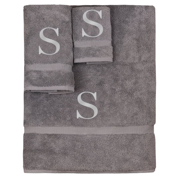 Monogrammed Towel Set, Personalized Gift, Set of 3- Silver Block Letter Embroidered Towel - Extra Absorbent 100% Turkish Cotton - Soft Terry Finish - Initial S Gray