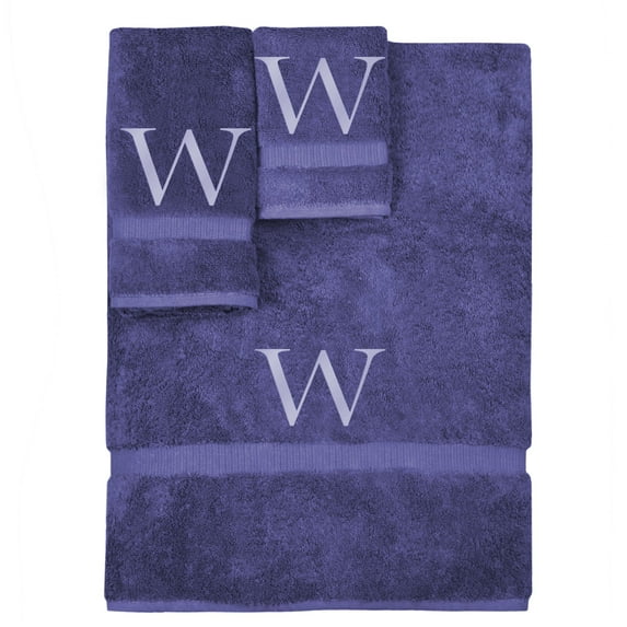 Monogrammed Towel Set, Personalized Gift, Set of 3- Silver Block Letter Embroidered Towel - Extra Absorbent 100% Turkish Cotton - Soft Terry Finish - Initial W Navy