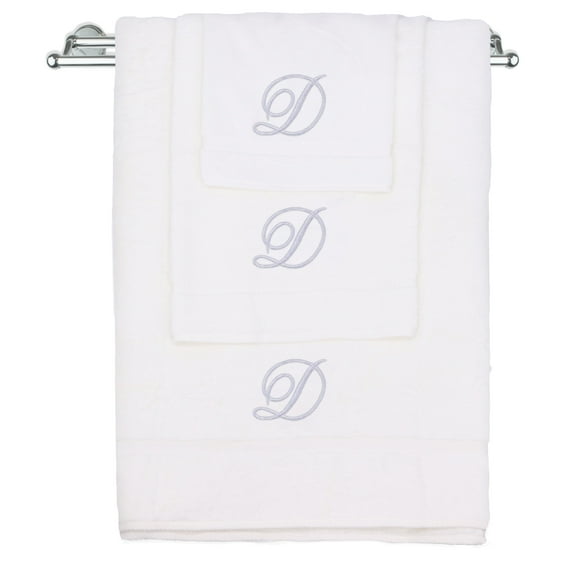 Monogrammed Towel Set, Personalized Gift, Set of 3- Silver Script Letter Embroidered Towel - Extra Absorbent 100% Turkish Cotton - Soft Terry Finish - Initial D White