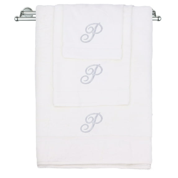 Monogrammed Towel Set, Personalized Gift, Set of 3- Silver Script Letter Embroidered Towel - Extra Absorbent 100% Turkish Cotton - Soft Terry Finish - Initial P White