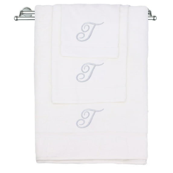 Monogrammed Towel Set, Personalized Gift, Set of 3- Silver Script Letter Embroidered Towel - Extra Absorbent 100% Turkish Cotton - Soft Terry Finish - Initial T White
