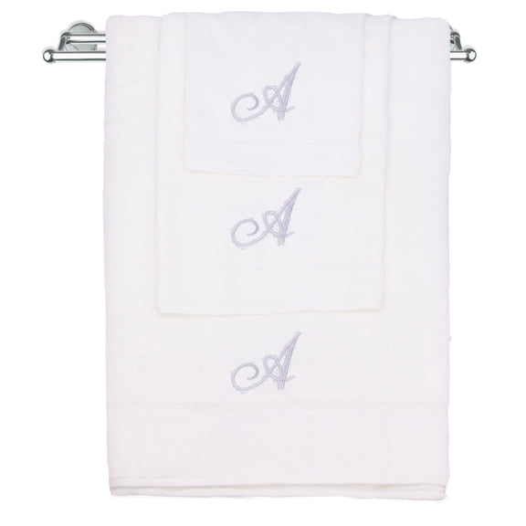 Monogrammed Towel Set, Personalized Gift, Set of 3- Silver Script Letter Embroidered Towel - Extra Absorbent 100% Turkish Cotton - Soft Terry Finish - Initial A White