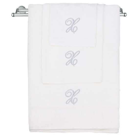 Monogrammed Towel Set, Personalized Gift, Set of 3- Silver Script Letter Embroidered Towel - Extra Absorbent 100% Turkish Cotton - Soft Terry Finish - Initial X White