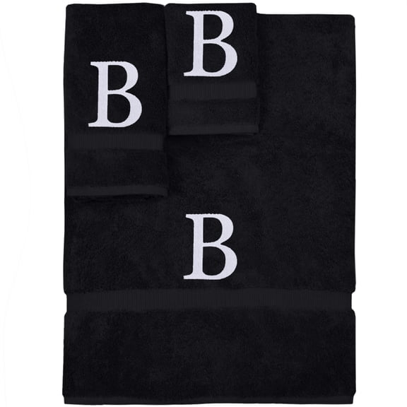 Monogrammed Towel Set, Personalized Gift, Set of 3- White Block Letter Embroidered Towel - Extra Absorbent 100% Turkish Cotton - Soft Terry Finish - Initial B Black