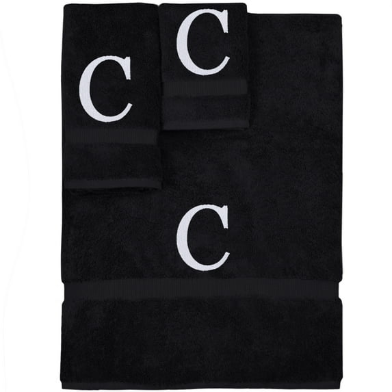 Monogrammed Towel Set, Personalized Gift, Set of 3- White Block Letter Embroidered Towel - Extra Absorbent 100% Turkish Cotton - Soft Terry Finish - Initial C Black