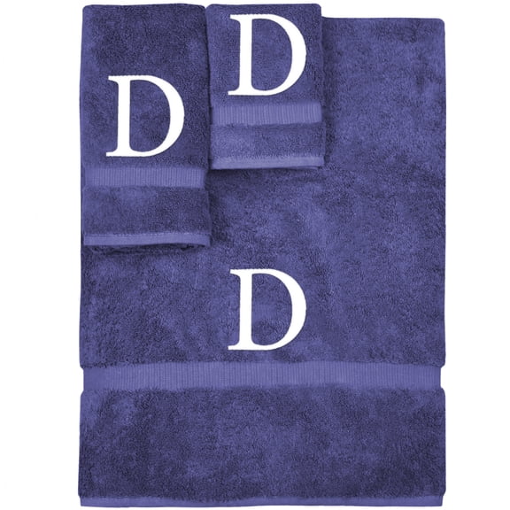 Monogrammed Towel Set, Personalized Gift, Set of 3- White Block Letter Embroidered Towel - Extra Absorbent 100% Turkish Cotton - Soft Terry Finish - Initial D Navy