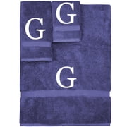 Monogrammed Towel Set, Personalized Gift, Set of 3- White Block Letter Embroidered Towel - Extra Absorbent 100% Turkish Cotton - Soft Terry Finish - Initial G Navy