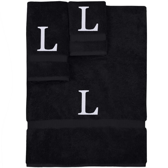 Monogrammed Towel Set, Personalized Gift, Set of 3- White Block Letter Embroidered Towel - Extra Absorbent 100% Turkish Cotton - Soft Terry Finish - Initial L Black