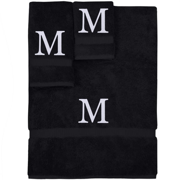 Monogrammed Towel Set, Personalized Gift, Set of 3- White Block Letter Embroidered Towel - Extra Absorbent 100% Turkish Cotton - Soft Terry Finish - Initial M Black