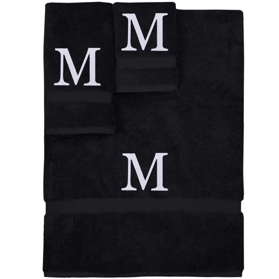 Monogrammed Towel Set, Personalized Gift, Set of 3- White Block Letter Embroidered Towel - Extra Absorbent 100% Turkish Cotton - Soft Terry Finish - Initial M Black
