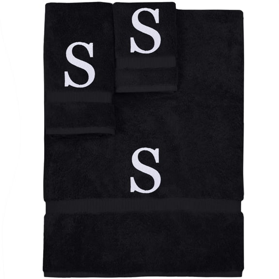 Monogrammed Towel Set, Personalized Gift, Set of 3- White Block Letter Embroidered Towel - Extra Absorbent 100% Turkish Cotton - Soft Terry Finish - Initial S Black