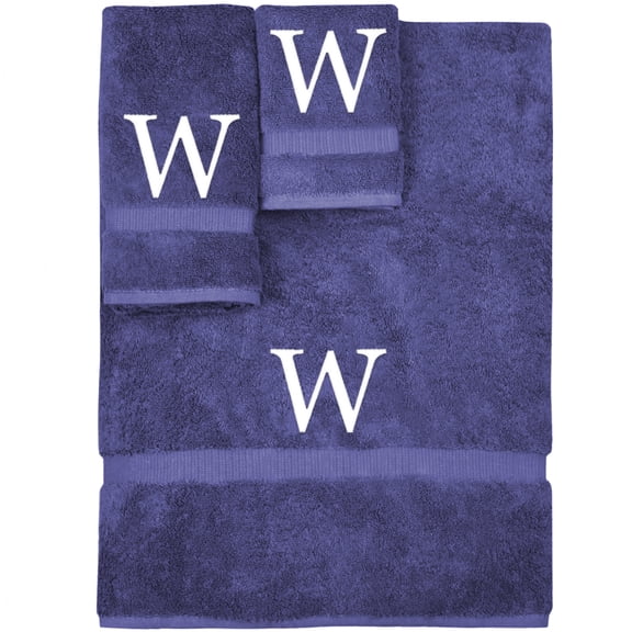 Monogrammed Towel Set, Personalized Gift, Set of 3- White Block Letter Embroidered Towel - Extra Absorbent 100% Turkish Cotton - Soft Terry Finish - Initial W Navy