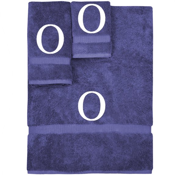 Monogrammed Towel Set, Personalized Gift, Set of 3- White Block Letter Embroidered Towel - Extra Absorbent 100% Turkish Cotton - Soft Terry Finish - Initial O Navy