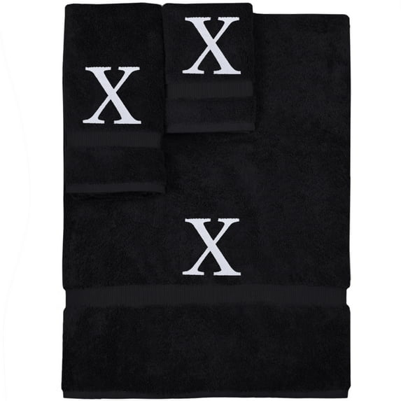 Monogrammed Towel Set, Personalized Gift, Set of 3- White Block Letter Embroidered Towel - Extra Absorbent 100% Turkish Cotton - Soft Terry Finish - Initial X Black