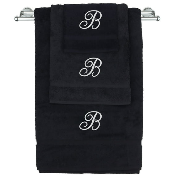 Monogrammed Towel Set, Personalized Gift, Set of 3- White Script Letter Embroidered Towel - Extra Absorbent 100% Turkish Cotton - Soft Terry Finish - Initial B Black
