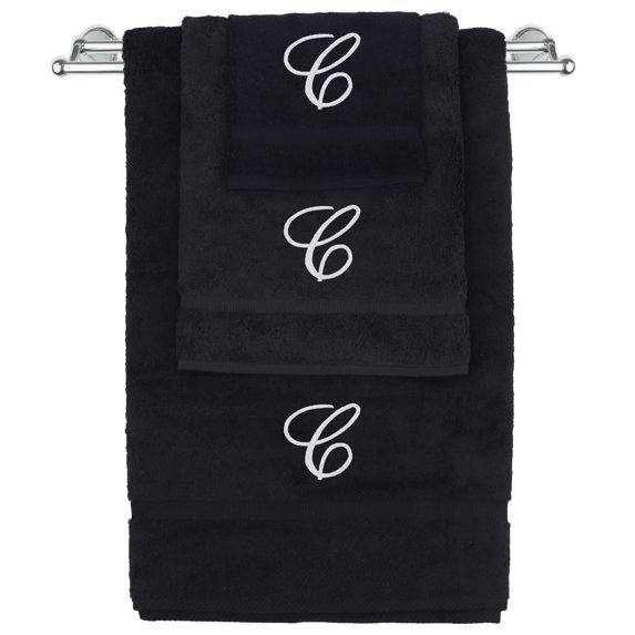 Monogrammed Towel Set, Personalized Gift, Set of 3- White Script Letter Embroidered Towel - Extra Absorbent 100% Turkish Cotton - Soft Terry Finish - Initial C Black