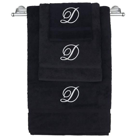 Monogrammed Towel Set, Personalized Gift, Set of 3- White Script Letter Embroidered Towel - Extra Absorbent 100% Turkish Cotton - Soft Terry Finish - Initial D Black