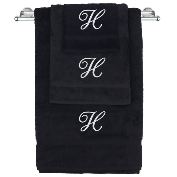 Monogrammed Towel Set, Personalized Gift, Set of 3- White Script Letter Embroidered Towel - Extra Absorbent 100% Turkish Cotton - Soft Terry Finish - Initial H Black