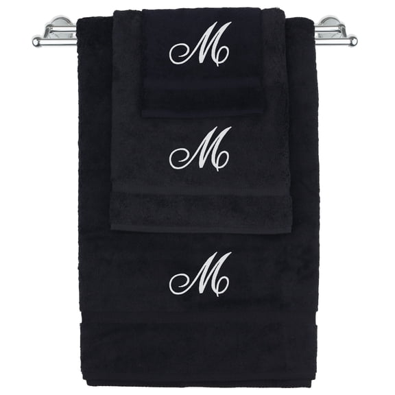 Monogrammed Towel Set, Personalized Gift, Set of 3- White Script Letter Embroidered Towel - Extra Absorbent 100% Turkish Cotton - Soft Terry Finish - Initial M Black