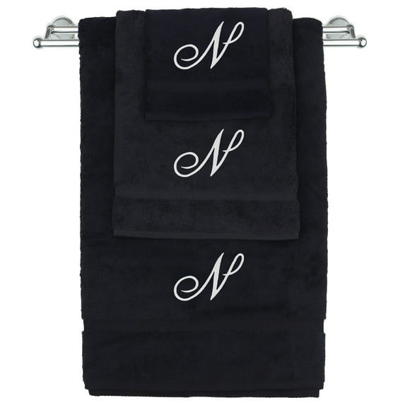Monogrammed Towel Set, Personalized Gift, Set of 3- White Script Letter Embroidered Towel - Extra Absorbent 100% Turkish Cotton - Soft Terry Finish - Initial N Black