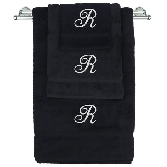 Monogrammed Towel Set, Personalized Gift, Set of 3- White Script Letter Embroidered Towel - Extra Absorbent 100% Turkish Cotton - Soft Terry Finish - Initial R Black