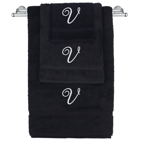 Monogrammed Towel Set, Personalized Gift, Set of 3- White Script Letter Embroidered Towel - Extra Absorbent 100% Turkish Cotton - Soft Terry Finish - Initial V Black