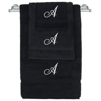 Monogrammed Towel Set, Personalized Gift, Set of 3- White Script Letter Embroidered Towel - Extra Absorbent 100% Turkish Cotton - Soft Terry Finish - Initial A Black
