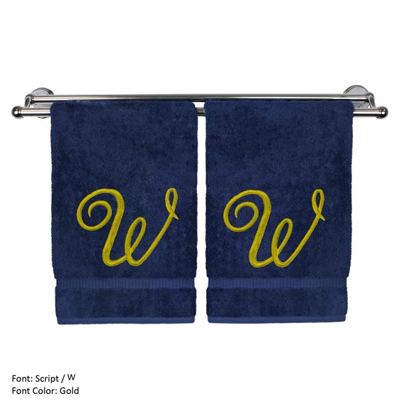 Monogrammed Washcloth Towel, Personalized Gift, 13x13 Inches - Set of 2 - Gold Script Embroidered Towel - Extra Absorbent 100% Turkish Cotton - Soft Terry Finish - Initial W Navy Towels